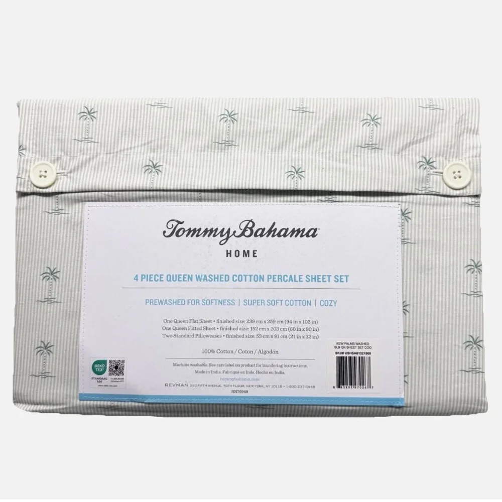 4pc Tommy Bahama KEW PALMS Trees Stripe QUEEN Sheet Set Tropical Cotton Percale